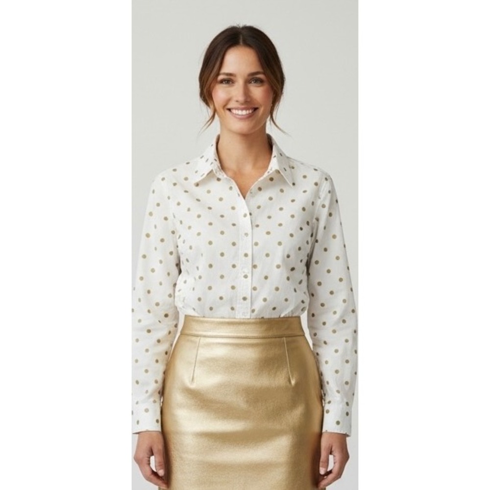 Talbots MP White Gold Metallic Polka Dot Button Down Shirt Blouse Long Sleeve.